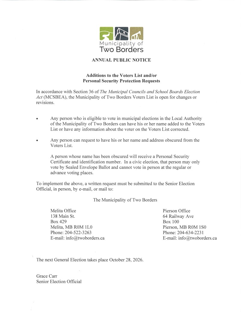 Public notice from the Municipality of Two Borders about revisions to the voters list, including how to request additions, corrections, or personal security protection before the 2026 municipal election