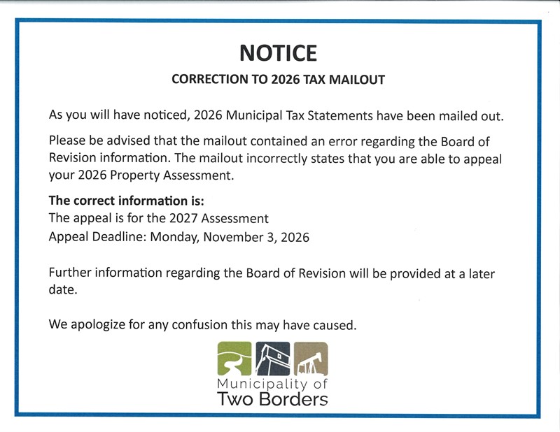 Notice correcting the Board of Revision information in the 2026 Municipal Tax Statement mailout. The appeal is for the 2027 Assessment, with an appeal deadline of November 3, 2026.