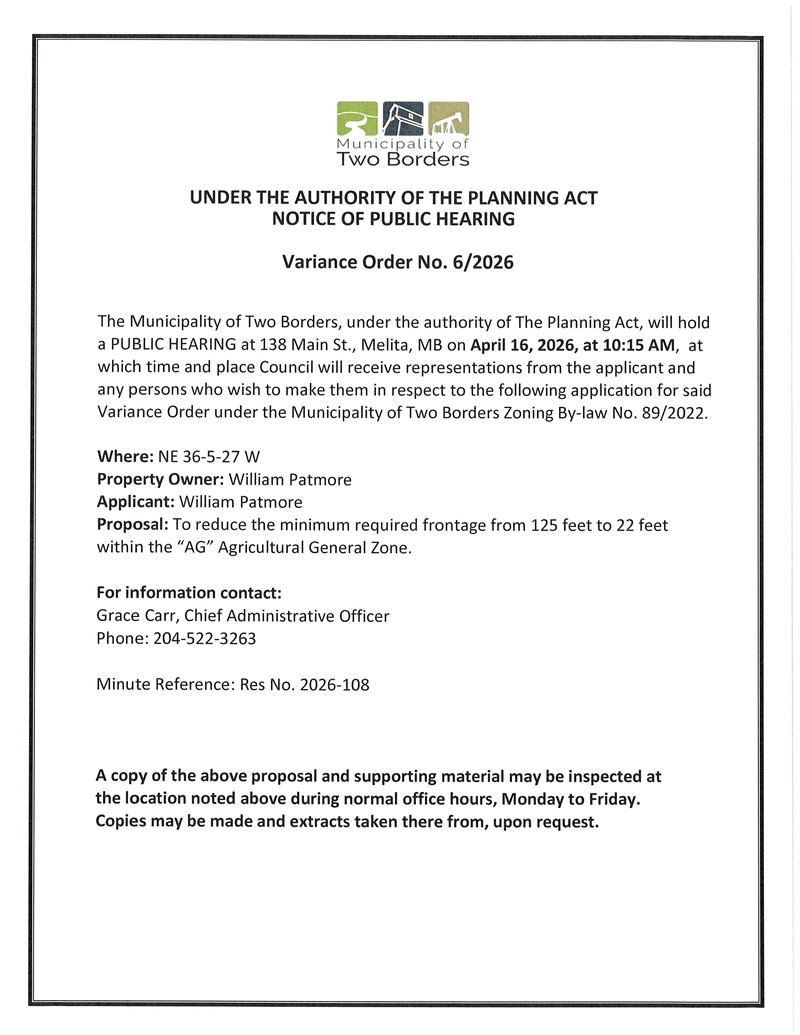 Notice of public hearing for variance order affecting NE 36 5 27, on April 16, 2026 at 10:15 AM to reduce the minimum frontage from 125 ft to 22 ft.