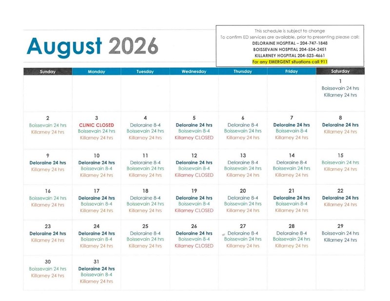 August 2026 Hospital Schedule