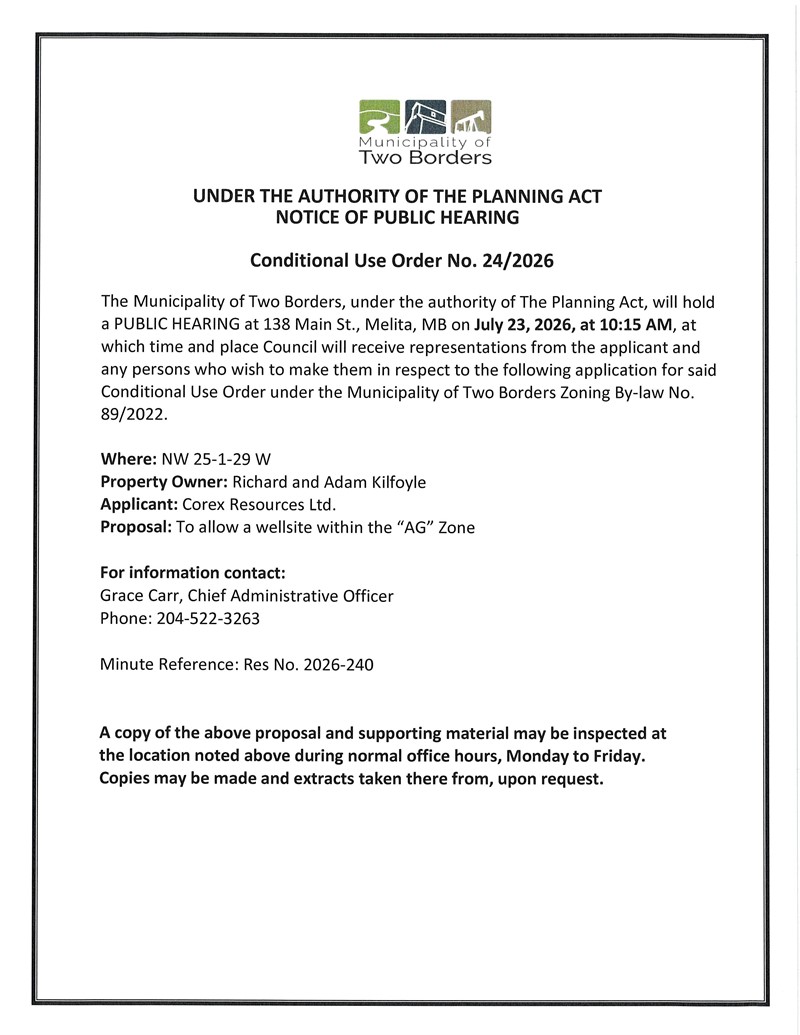 : Public hearing notice for Conditional Use Order No. 24/2026 regarding an application to allow a wellsite in the AG Zone at NW 25-1-29 W.