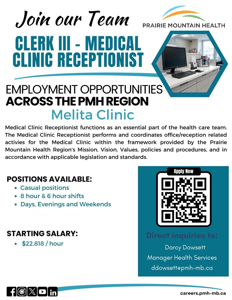 Clerk III - Medical Clinic Receptionist (Melita Casual)