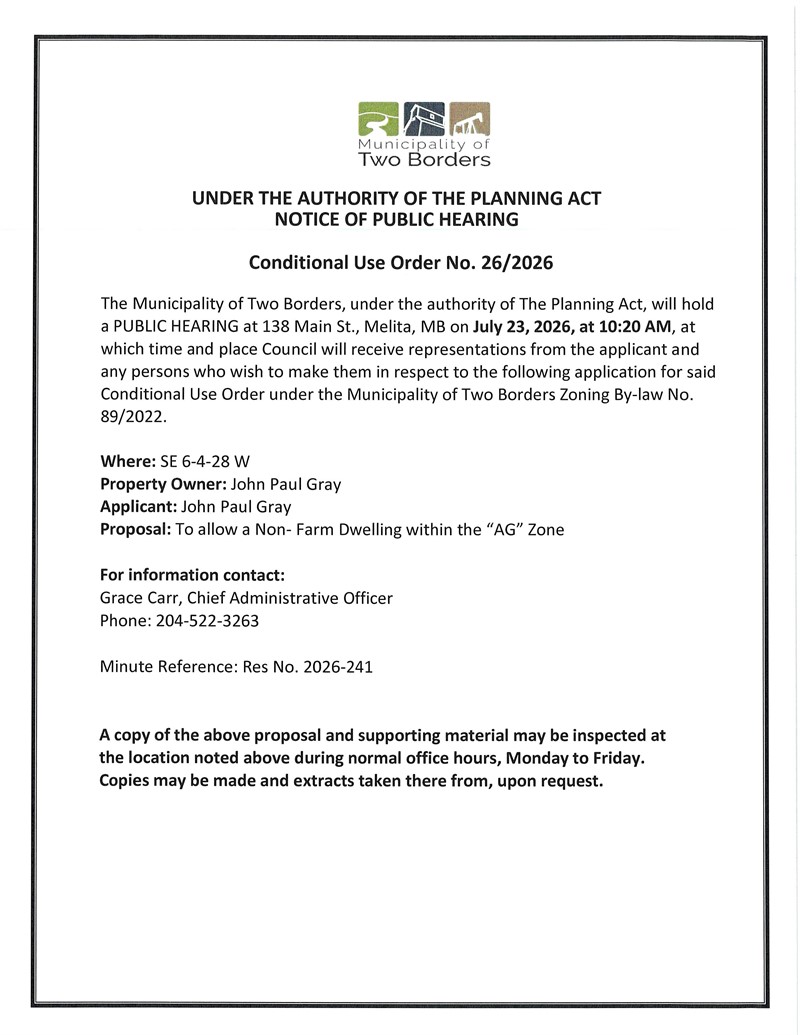 Public hearing notice for Conditional Use Order No. 26/2026 regarding an application to allow a non-farm dwelling in the AG Zone at SE 6-4-28 W.