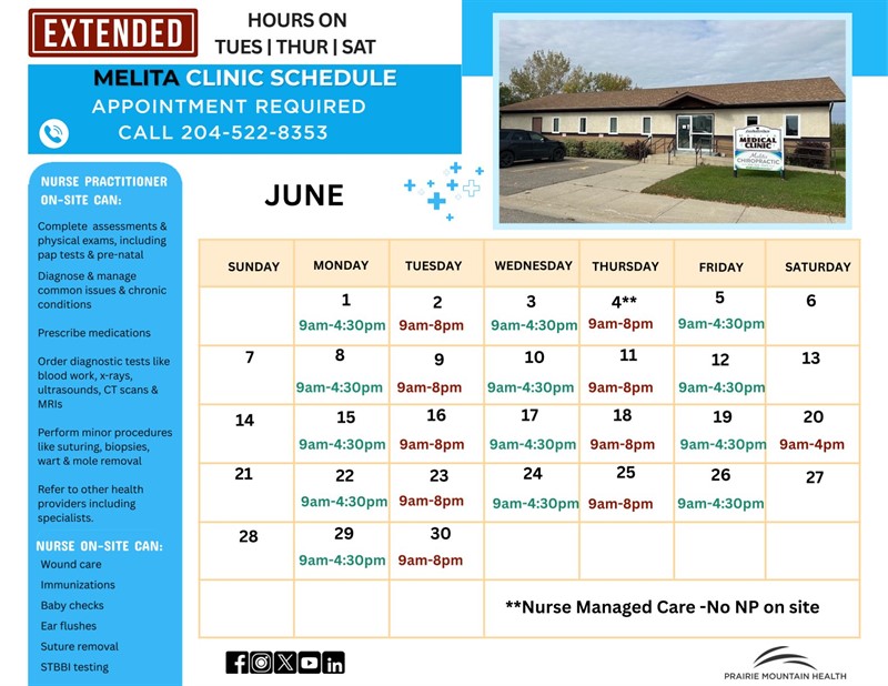 Melita Clinic Schedule for June 2026