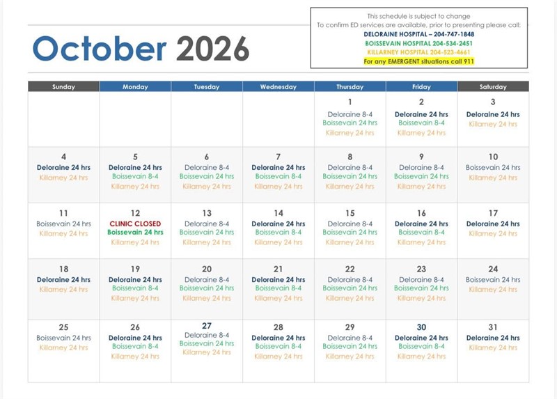 October 2026 Hospital Schedule