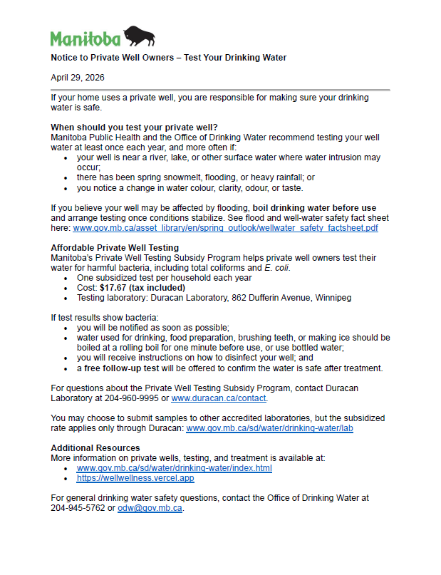 Notice to Private Well Owners - Test your drinking water