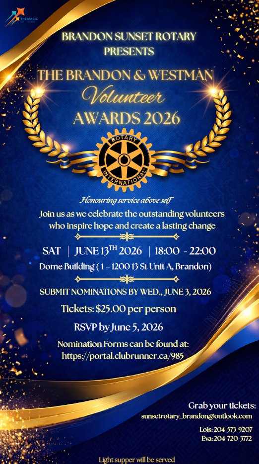 Brandon Sunset Rotary Club presents The Brandon & Westman Volunteer Awards 2026