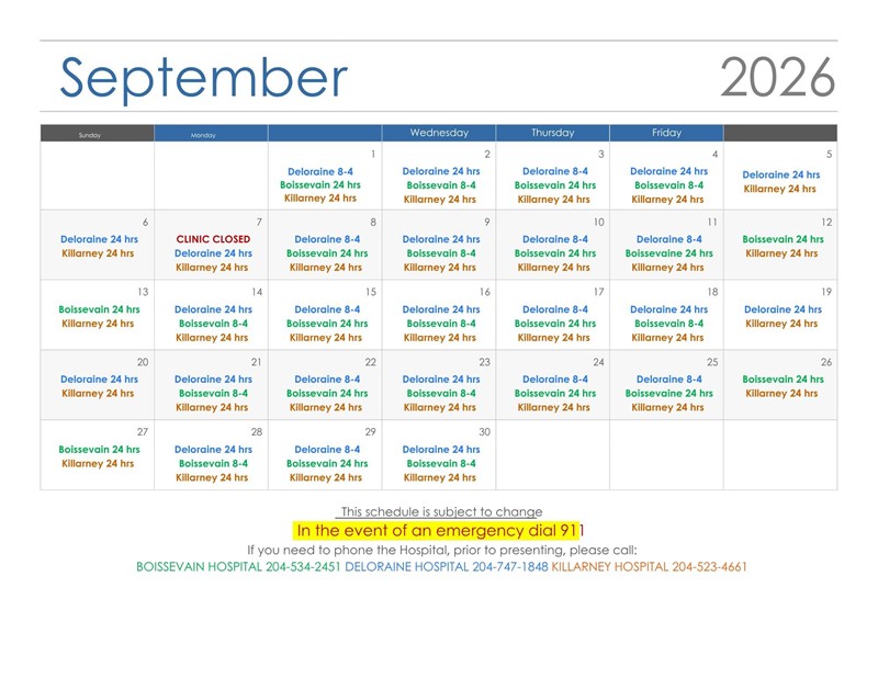 September 2026 Hospital Schedule