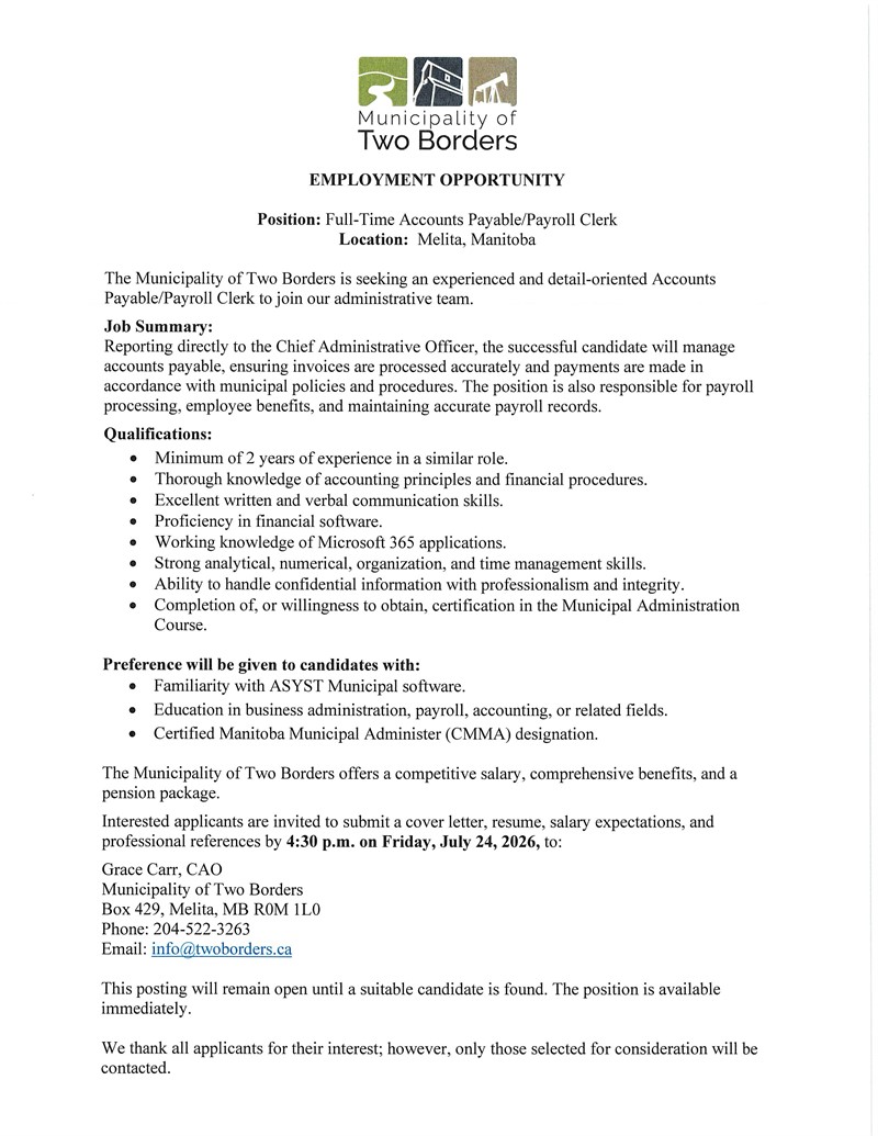 Employment Opportunity – Full-Time Accounts Payable/Payroll Clerk with the Municipality of Two Borders
