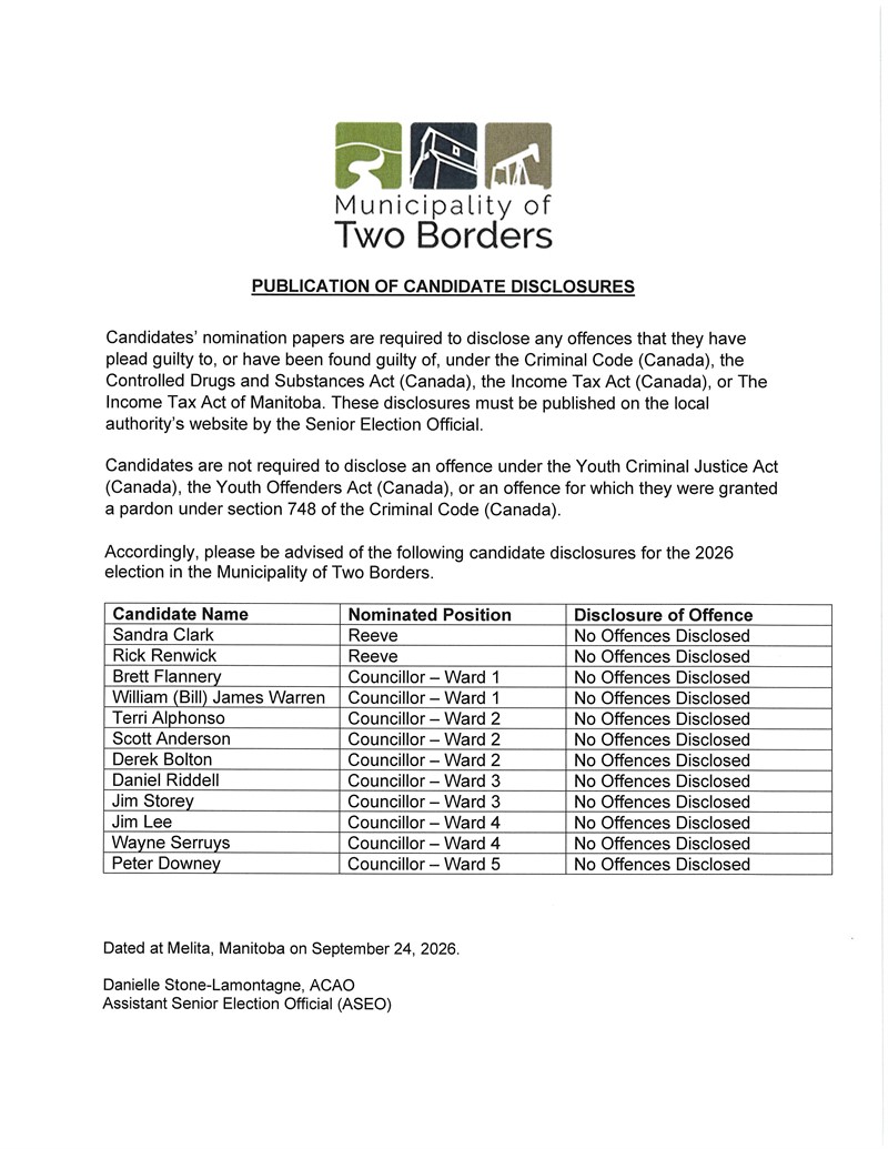 Publication of Candidate Disclosures – 2026 Municipal Election