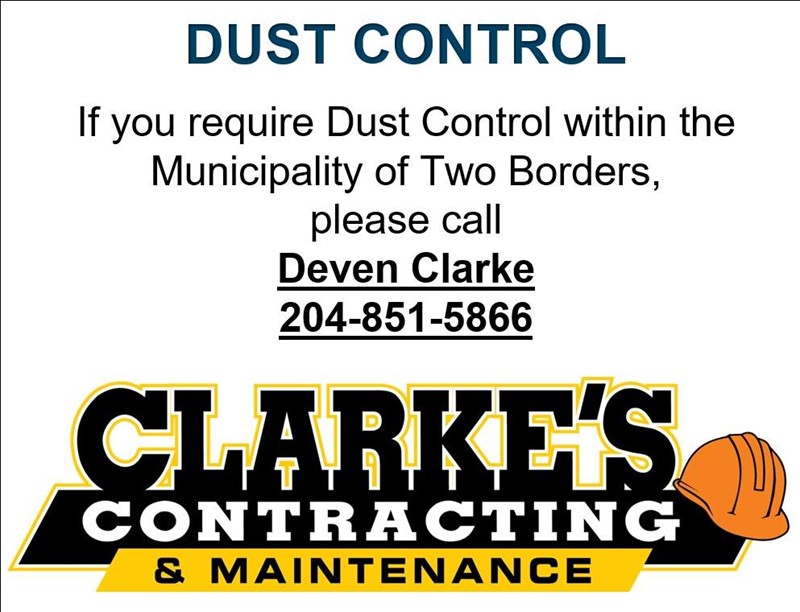 Advertisement stating residents requiring dust control services should contact Deven Clarke at 204-851-5866