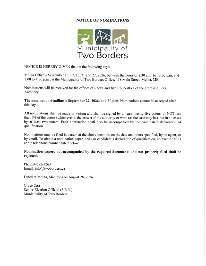 Notice of Nominations for the 2026 Municipal Election in the Municipality of Two Borders
