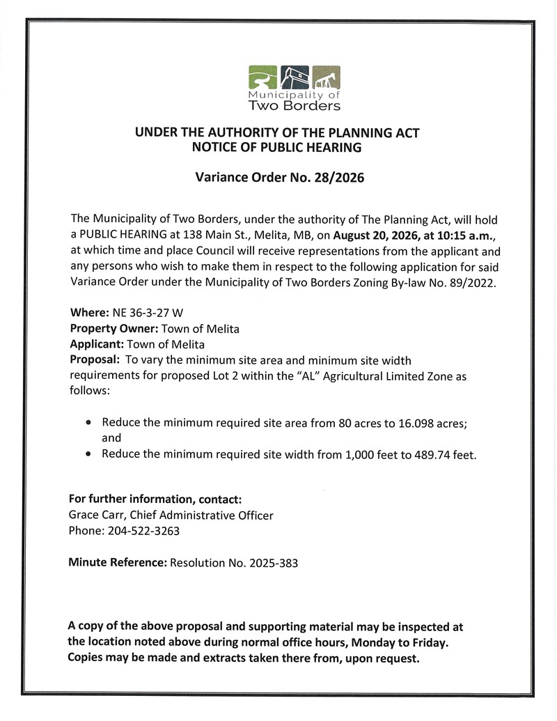 Public Hearing Notice for Variance Order No. 28/2026 regarding proposed Lot 2 within the Agricultural Limited Zone in the Municipality of Two Borders.